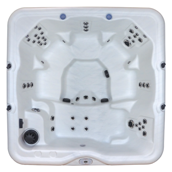 Top-down view of a white hot tub with multiple seating areas and evenly spaced massage jets.
