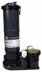 Cartridge pool filter system with an upright filter housing connected to a pump mounted on a shared base.