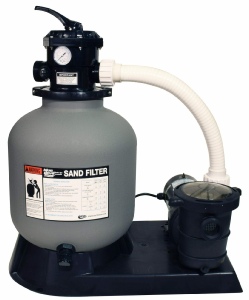 Sand pool filter system with a round filter tank connected to a pump and pressure gauge on a shared base.