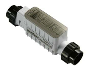 Inline pool chlorinator with threaded end connections used to automatically dispense chlorine into pool water.