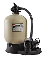 Sand pool filter system with a rounded filter tank connected to a pump by a flexible hose on a shared base.