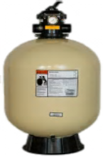 Sand pool filter with a rounded tank and top-mounted multiport valve for pool water filtration.