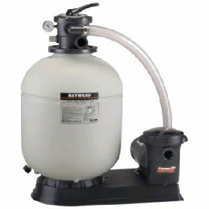 Above Ground Pool Filter - Hayward sand pool filter system with a round filter tank and pump connected by a flexible hose on a shared base.