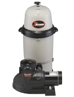 XStream cartridge pool filter system with a tall dome-shaped filter housing connected to a pump on a shared base.