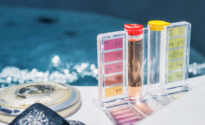 Pool water testing kit showing pH and chlorine levels sitting beside a hot tub, with water bubbling in the background.