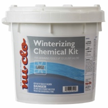 Bucket of winterizing pool chemicals labeled for treating pools during the off-season.