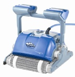 Blue robotic pool cleaner with a handle and scrubber rollers designed for automatic pool cleaning.