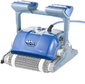 Blue robotic pool cleaner with a handle and scrubber rollers designed for automatic pool cleaning