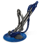 Blue suction-side pool cleaner with a flexible hose connection and finned base for automatic debris removal.