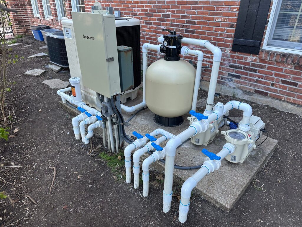 Residential pool filtration and pump system used for pool cleaning, circulation, and water maintenance.