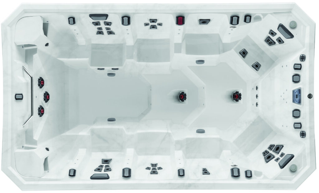 Top-down view of a Marquis hot tub interior, showing the seating layout, jet placements, and control panel for a multi-seat spa.